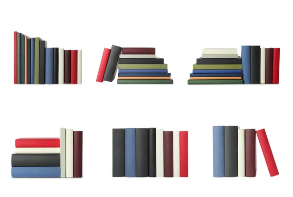 Kollázs Különböző Könyvek Elszigetelt Fehér — Stock Fotó