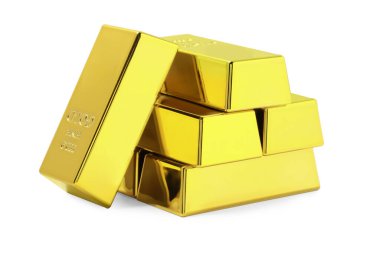 Stack of shiny gold bars isolated on white
