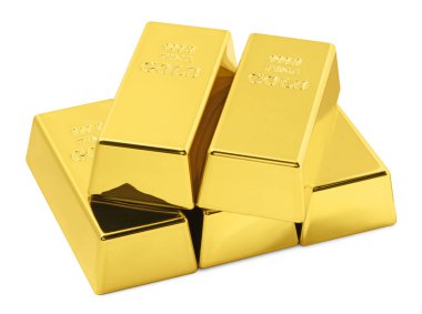 Stack of shiny gold bars isolated on white