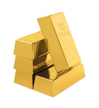 Many shiny gold bars isolated on white