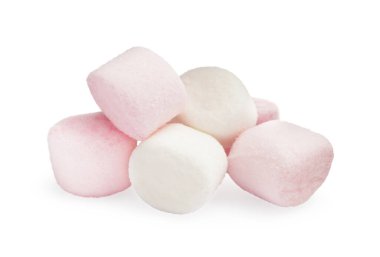 Pile of delicious sweet marshmallows on white background