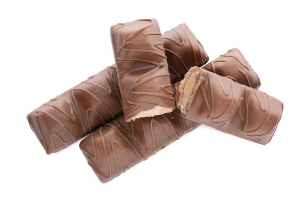 Mnoho Chutných Čokoládových Tyčinek Izolovaných Bílém Pohled Shora — Stock fotografie