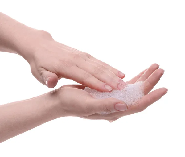 stock image Woman with cleansing foam on hands against white background, closeup