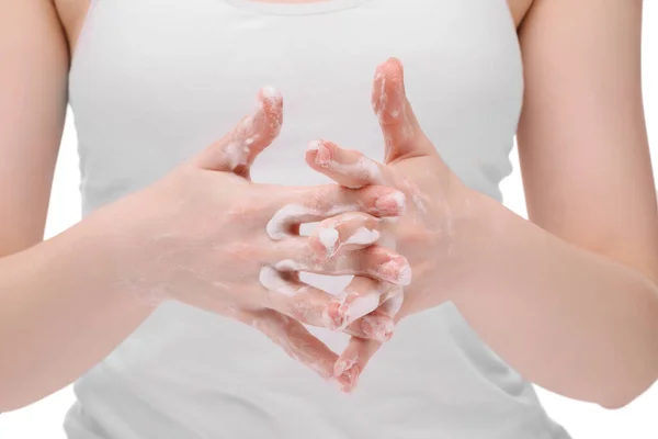 Woman Cleansing Foam Hands White Background Closeup — Stockfoto