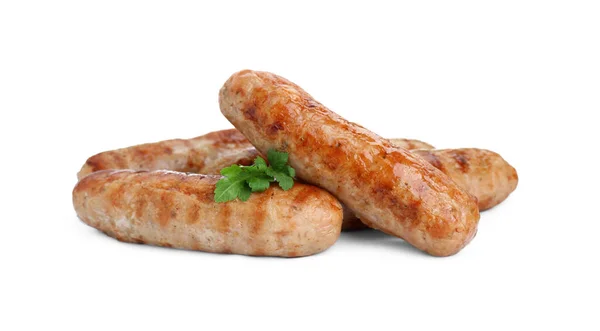 Tasty Grilled Sausages Parsley Isolated White — Stock Photo, Image