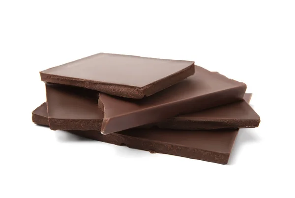 Stücke Leckerer Dunkler Schokolade Auf Isoliertem Weiß — Stockfoto