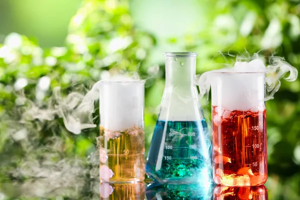Laboratory Glassware Colorful Liquids Glass Table Outdoors Chemical Reaction — Stock Photo, Image