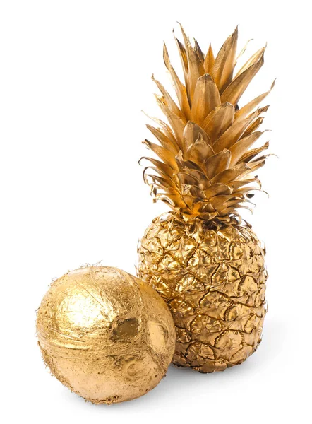 Błyszczący Złoty Ananas Kokos Białym Tle — Zdjęcie stockowe