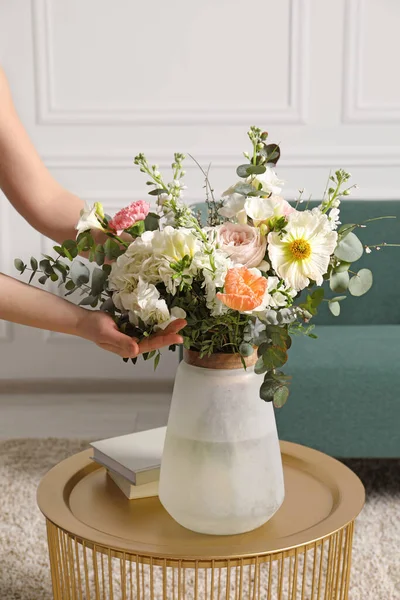 Woman Arranging Bouquet Beautiful Flowers Vase Indoors Closeup — Stock Photo, Image