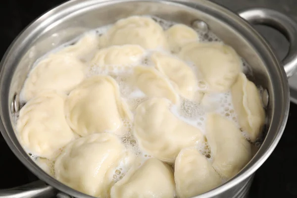 Boiling Delicious Dumplings Varenyky Pot Closeup — Stock Photo, Image