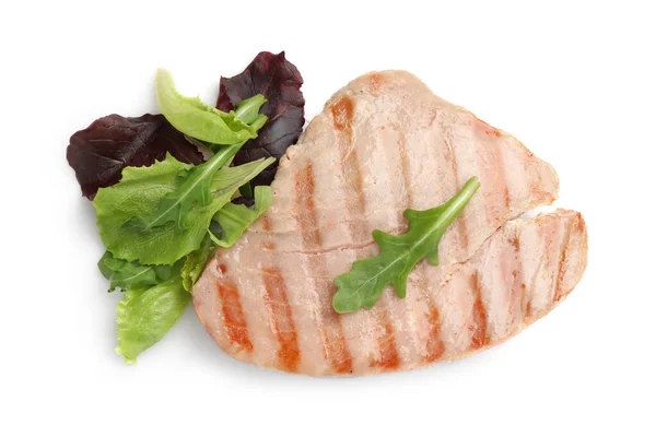 Délicieux Steak Thon Avec Salade Isolée Sur Blanc Vue Sur — Photo
