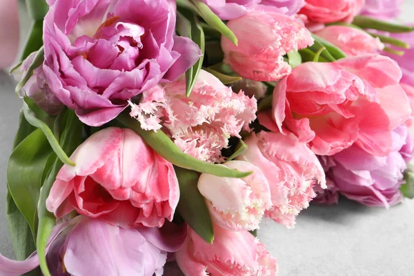 Beautiful Bouquet Colorful Tulip Flowers Light Gray Table Closeup — Stock Photo, Image