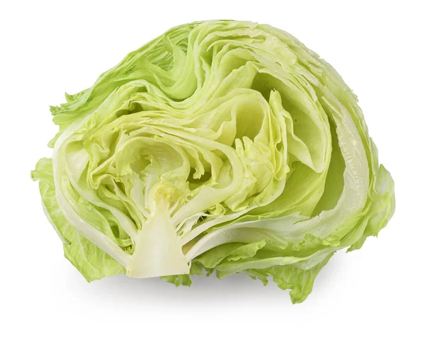 一半新鲜的绿色冰山生菜 在白色的顶部被隔离 — 图库照片