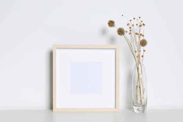 Empty Photo Frame Vase Dry Decorative Flowers White Table Mockup — Stock Photo, Image
