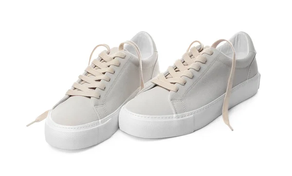 Coppia Eleganti Sneakers Beige Isolate Bianco — Foto Stock