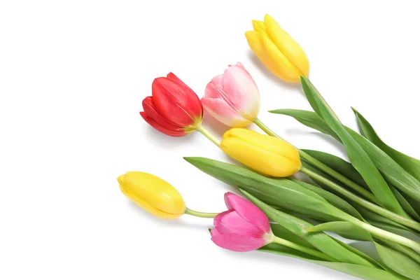 Красивые Красочные Тюльпаны Белом Фоне Вид Сверху — стоковое фото
