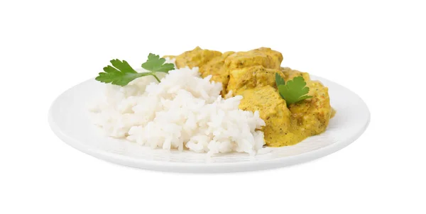 Köstlicher Reis Und Huhn Mit Currysoße Isoliert Auf Weiß — Stockfoto