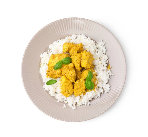 Pyszny Ryż Kurczak Sosem Curry Izolowane Białym Widok Góry — Zdjęcie stockowe