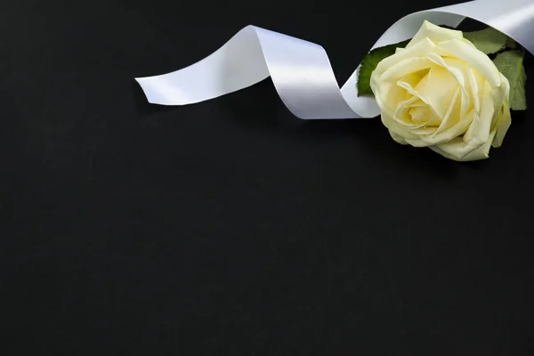 Bella Rosa Nastro Bianco Sfondo Nero Spazio Testo Simboli Funerari — Foto Stock