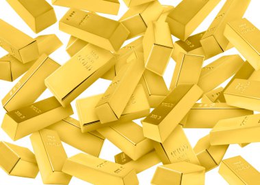 Beyaz arkaplana düşen birçok altın çubuk