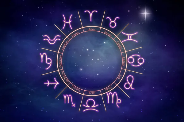 Zodiákus Kerék Tizenkét Jellel Csillagos Hátterén Horoszkópos Asztrológia — Stock Fotó