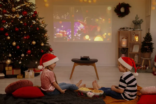 Brother Sister Spending Time Together Video Projector Room Christmas Atmosphere — Stock Photo, Image