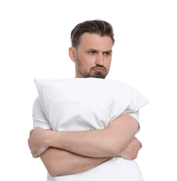 Δυστυχισμένος Άντρας Μαξιλάρι Λευκό Φόντο Πρόβλημα Αϋπνίας — Φωτογραφία Αρχείου