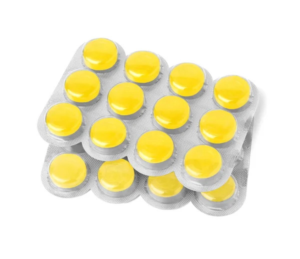 Blisters Yellow Cough Drops Isolated White — Stock Photo, Image