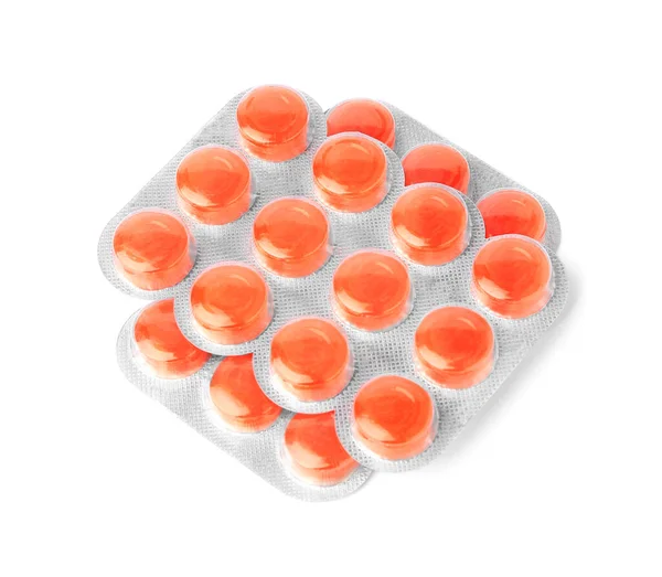 Blistry Oranžovými Kapkami Proti Kašli Izolované Bílém Nad Zorným Úhlem — Stock fotografie