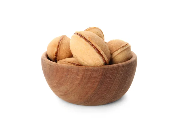 Delicious Nut Shaped Cookies Boiled Condensed Milk Wooden Bowl White — Stock Photo, Image