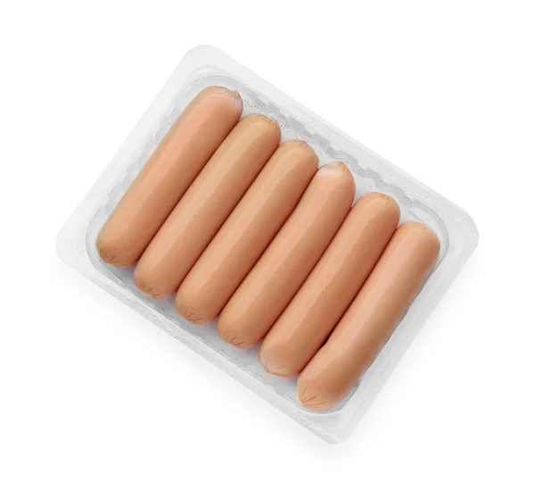 Plastbehållare Med Korv Isolerad Vit Ovanifrån Köttprodukt — Stockfoto