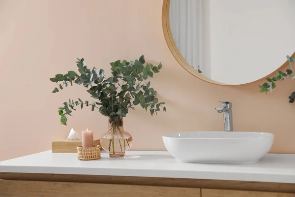 Eucalyptus Branches Vessel Sink Bathroom Vanity Interior Design — Foto Stock