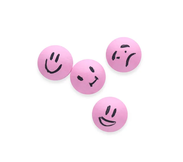 Pinkfarbene Antidepressiva Mit Emotionalen Gesichtern Isoliert Auf Weißem Hintergrund Von — Stockfoto