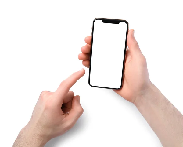 Man Som Håller Smartphone Med Tom Skärm Vit Bakgrund Mockup — Stockfoto