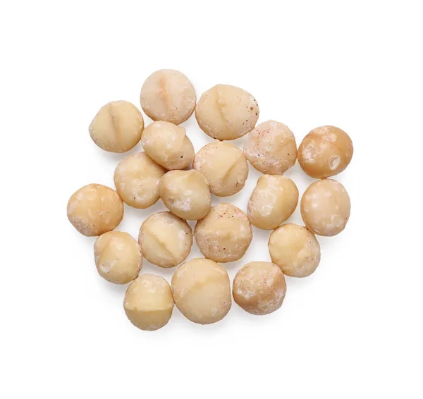 Deliciosas Nueces Macadamia Sin Cáscara Aisladas Blanco Vista Superior —  Fotos de Stock
