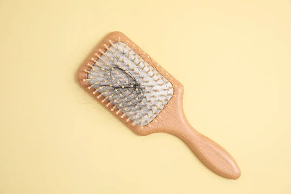 Wooden Brush Lost Hair Beige Background Top View — Stock Photo, Image