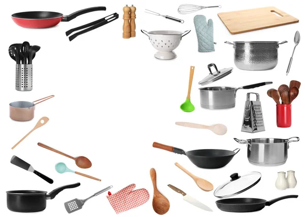 Rahmen Verschiedener Küchenutensilien Auf Weißem Hintergrund Platz Für Text — Stockfoto