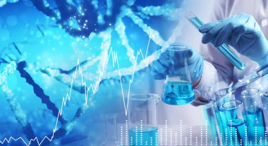 Genetik. Bilim adamlarının fotoğrafları, laboratuvar camları ve çizimlerle birden fazla pozlama.