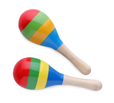 Beyaz arka planda renkli marakalar, üst manzara. Müzik aleti