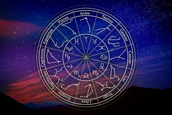 Roda Zodíaco Paisagem Montanha Com Céu Estrelado Como Fundo Astrologia — Fotografia de Stock