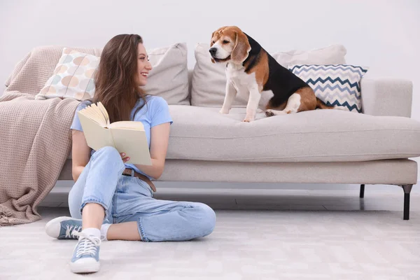 Mutlu genç bayan evde sevimli Beagle köpeğinin yanında kitap okuyor. Sevimli hayvan
