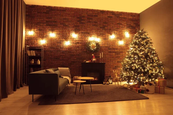 Beautiful Tree Festive Lights Christmas Decor Living Room Interior Design — Stok fotoğraf