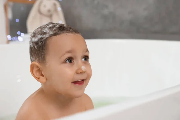 Cute Little Boy Washing Hair Shampoo Bathroom Space Text — 스톡 사진