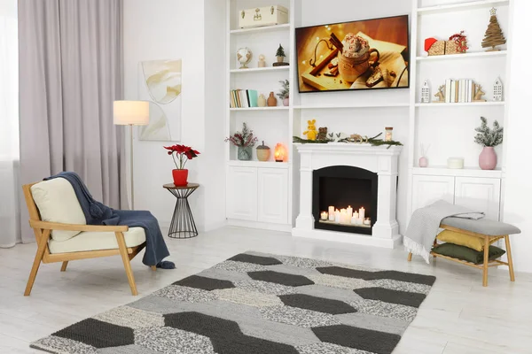 Beautiful Living Room Christmas Decor Fireplace Armchair Interior Design — стоковое фото