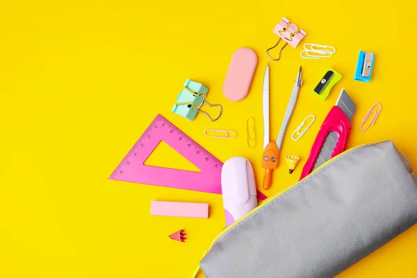 Flat Lay Composition Different School Stationery Yellow Background Space Text — Stockfoto