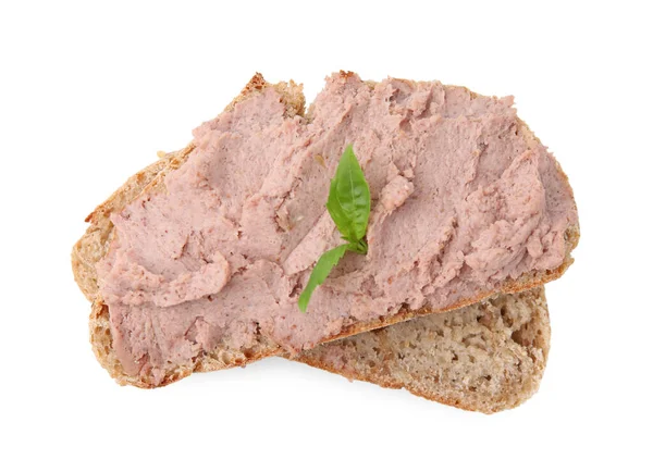 Délicieux Sandwich Liverwurst Basilic Isolé Sur Blanc Vue Dessus — Photo