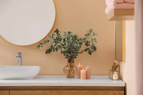 Stylish Mirror Eucalyptus Branches Vessel Sink Modern Bathroom Interior Design — Foto Stock