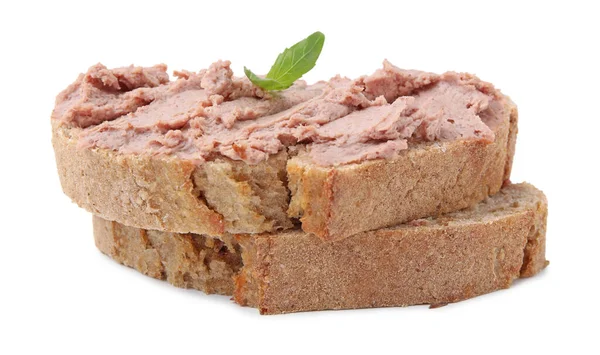 Délicieux Sandwich Liverwurst Basilic Isolé Sur Blanc — Photo