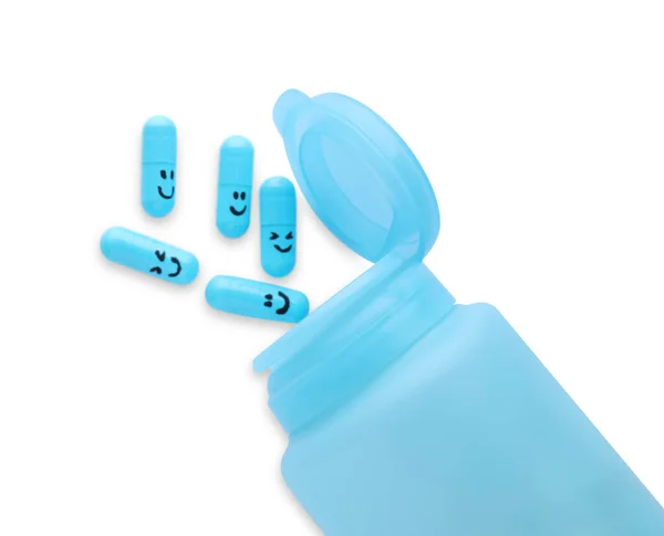Bottiglia Pillole Antidepressive Con Facce Divertenti Sfondo Bianco Vista Dall — Foto Stock