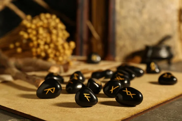 Wooden Board Many Black Rune Stones Table — Stock Photo, Image